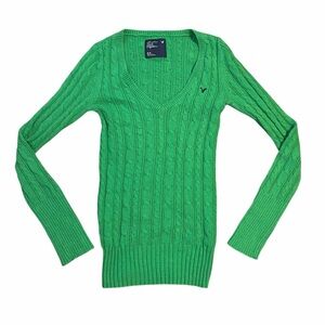 Y2K Vintage American Eagle Top Cable Knit Long Sleeve V Neck Green Medium